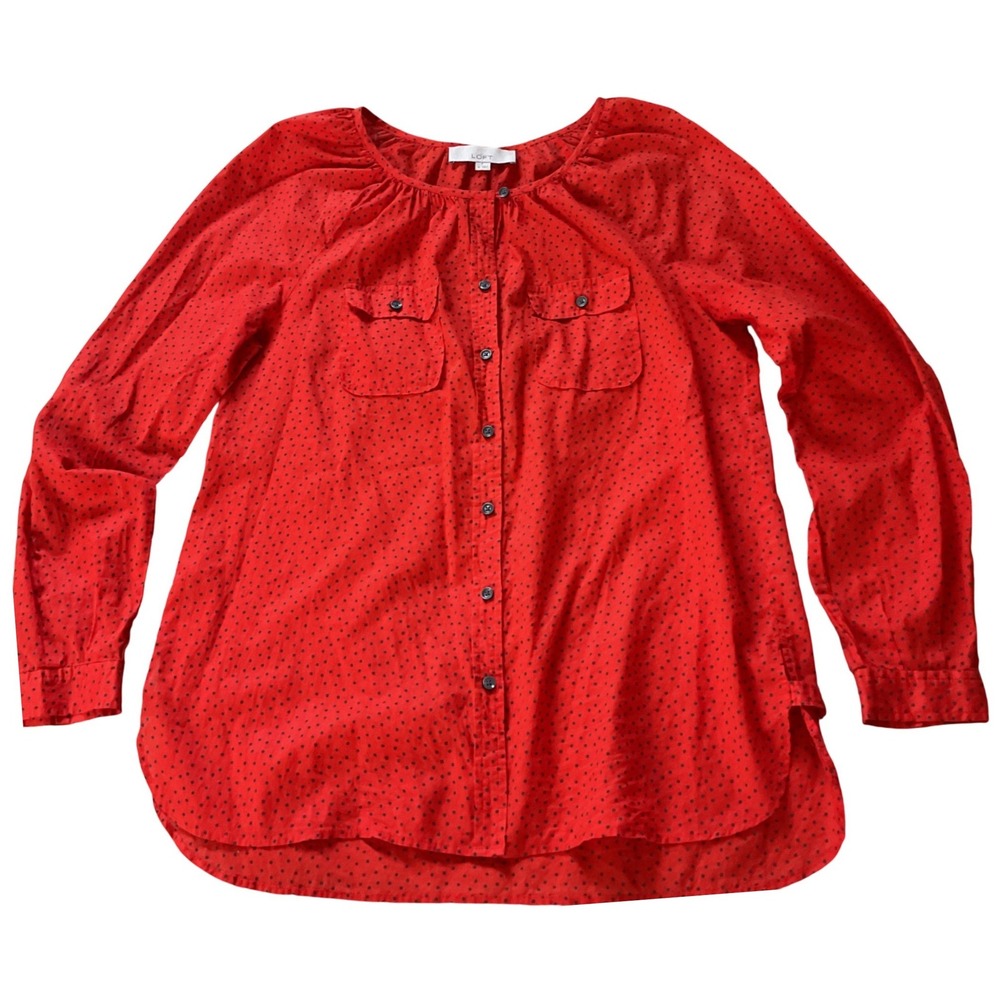 LOFT Red Polka Dot Button Front Blouse Long Sleeve Top‎ Medium